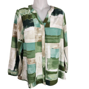 Denim & Co. Women Printed Y-Neck Button Front Blouse Green Multi S Artsy A498799